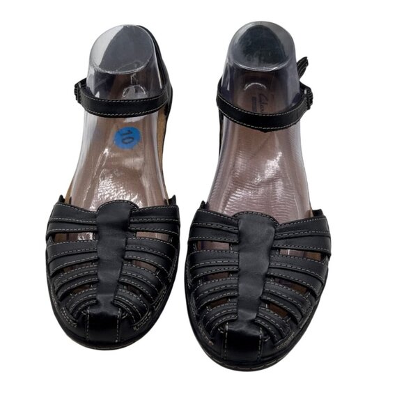 Womens Clarks Size 10 Leather Strappy Low Wedge Sandals Shoe - Picture 3 of 13